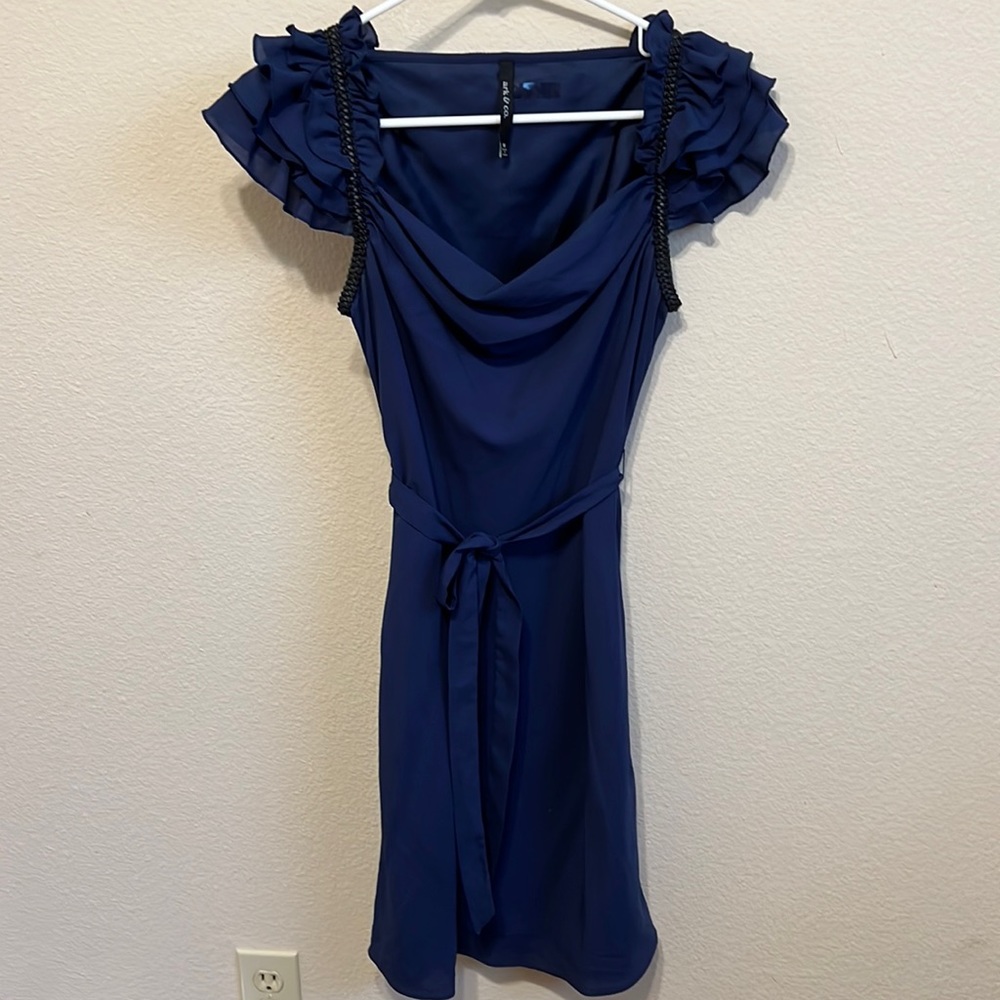 Navy Ark & Co dress made of chiffon like material with ruffled sleeves